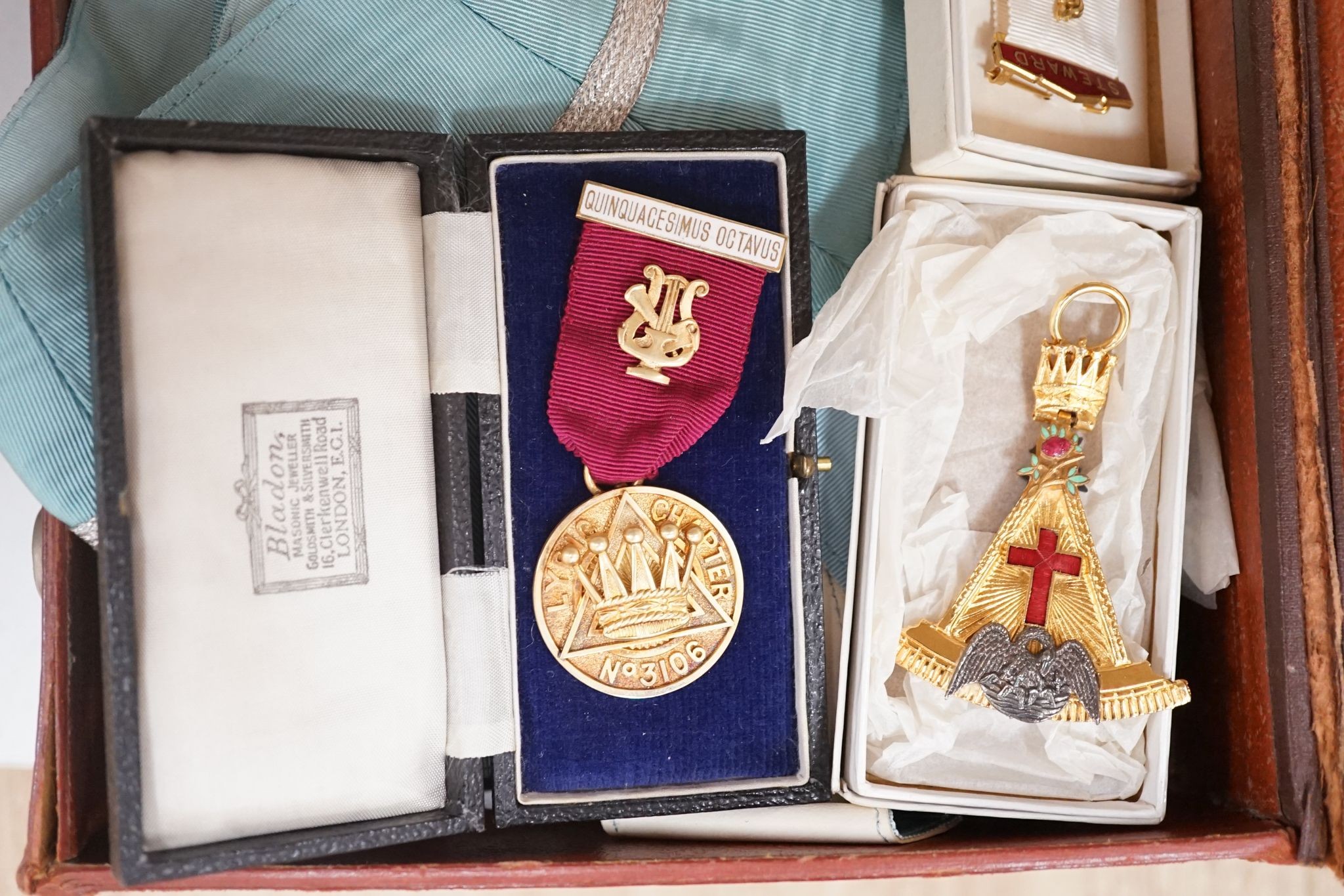 A group of masonic regalia and medals